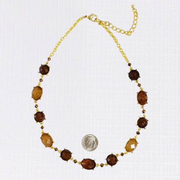 Brown Rhinestone Statement Necklace Gold Tone Swirled Oval Retro Evening - Picture 6 of 7